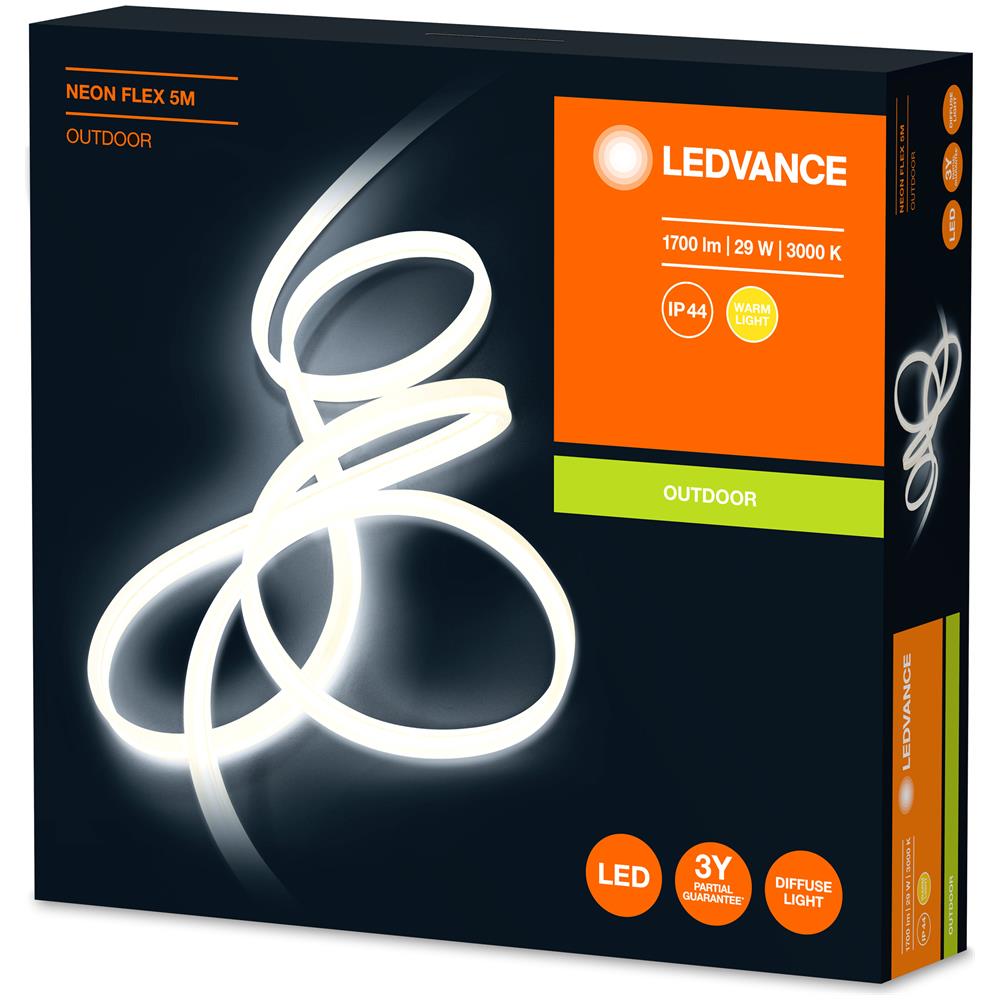 Ledvance Apparecchio A Parete E A Soffitto, Lampada Da Esterno, Neon Flex / 29 W, 220…240 V, Ampiezza Fascio Luminoso: 110°, Bianco Caldo, 3000 K, Materiale: Silicone, Ip44 - Foto 2