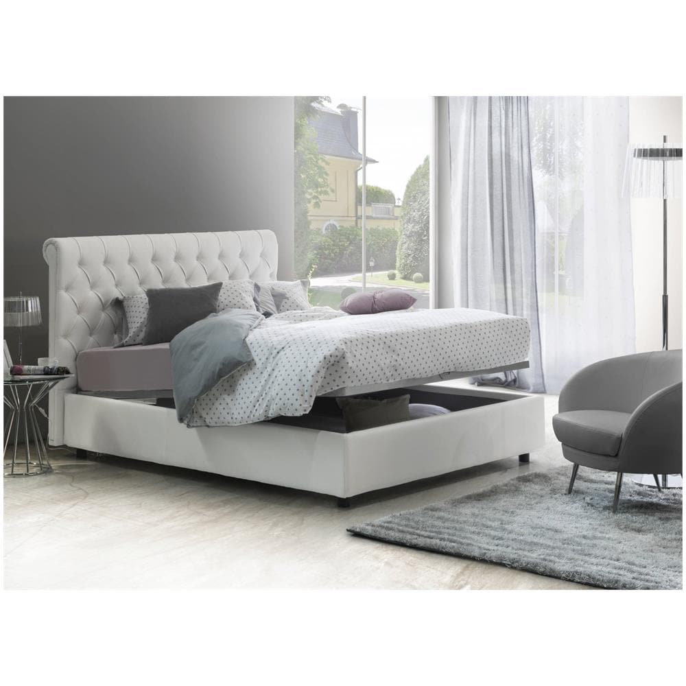 Letto Matrimoniale Claretta, Letto Contenitore E Testata In Ecopelle, 100% Made In Italy, Apertura Frontale, Bianco, Adatto A Materasso Da 160x190 Cm - Foto 1