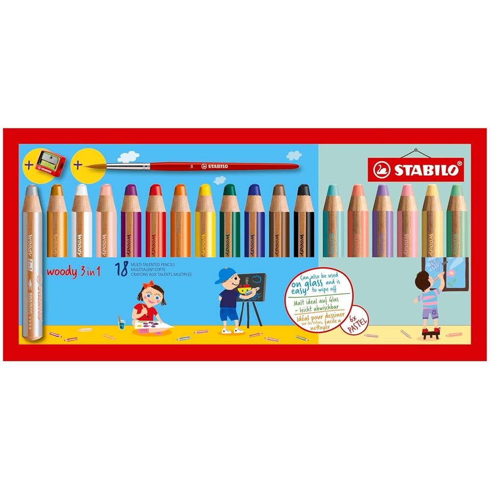 woody 3 in 1 - Matita colorata Multi-Funzione - Astuccio da 18 - con Temperino e Pennello - 12 Colori Standard, 6 Colori Pastello - Foto 1