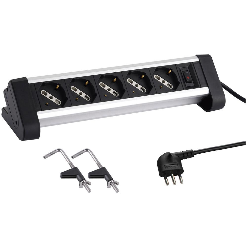 61906 Multipresa Da Scrivania Con Corpo In Alluminio Con 5 Posti Polivalenti (schuko + 10/16a), 2 Supporti Per Fissaggio Alla Scrivania, Cavo 2 Mt, Spina Piccola 10a, Nero / argento - Foto 1