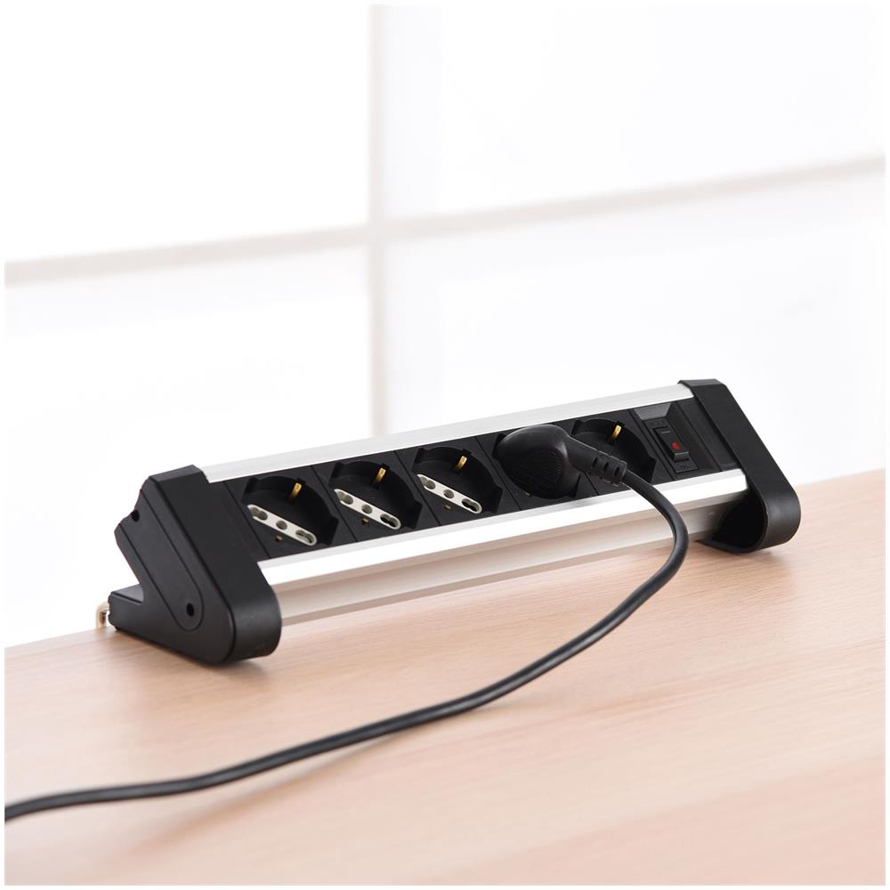 61906 Multipresa Da Scrivania Con Corpo In Alluminio Con 5 Posti Polivalenti (schuko + 10/16a), 2 Supporti Per Fissaggio Alla Scrivania, Cavo 2 Mt, Spina Piccola 10a, Nero / argento - Foto 2