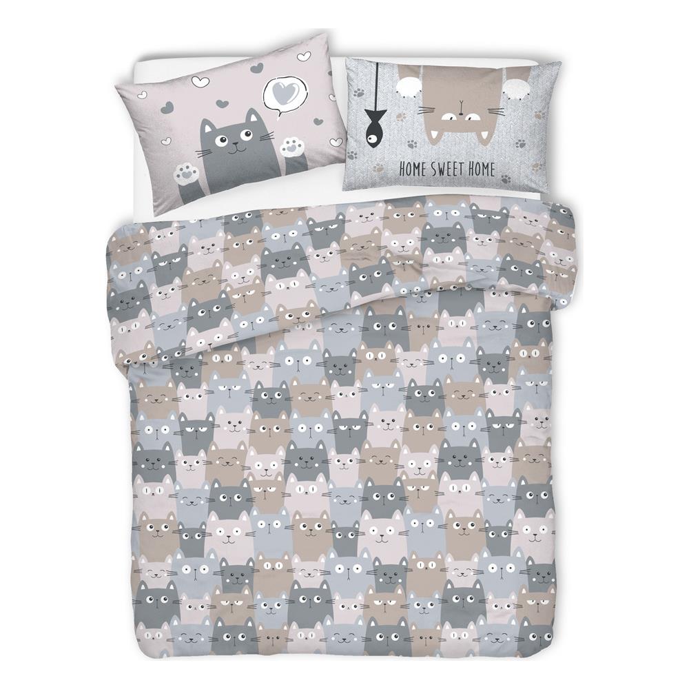 Copripiumino Sacco Piumone Pensieri Delicati Cotone Disegno Happy Cat Matrimoniale Grigio - Foto 1