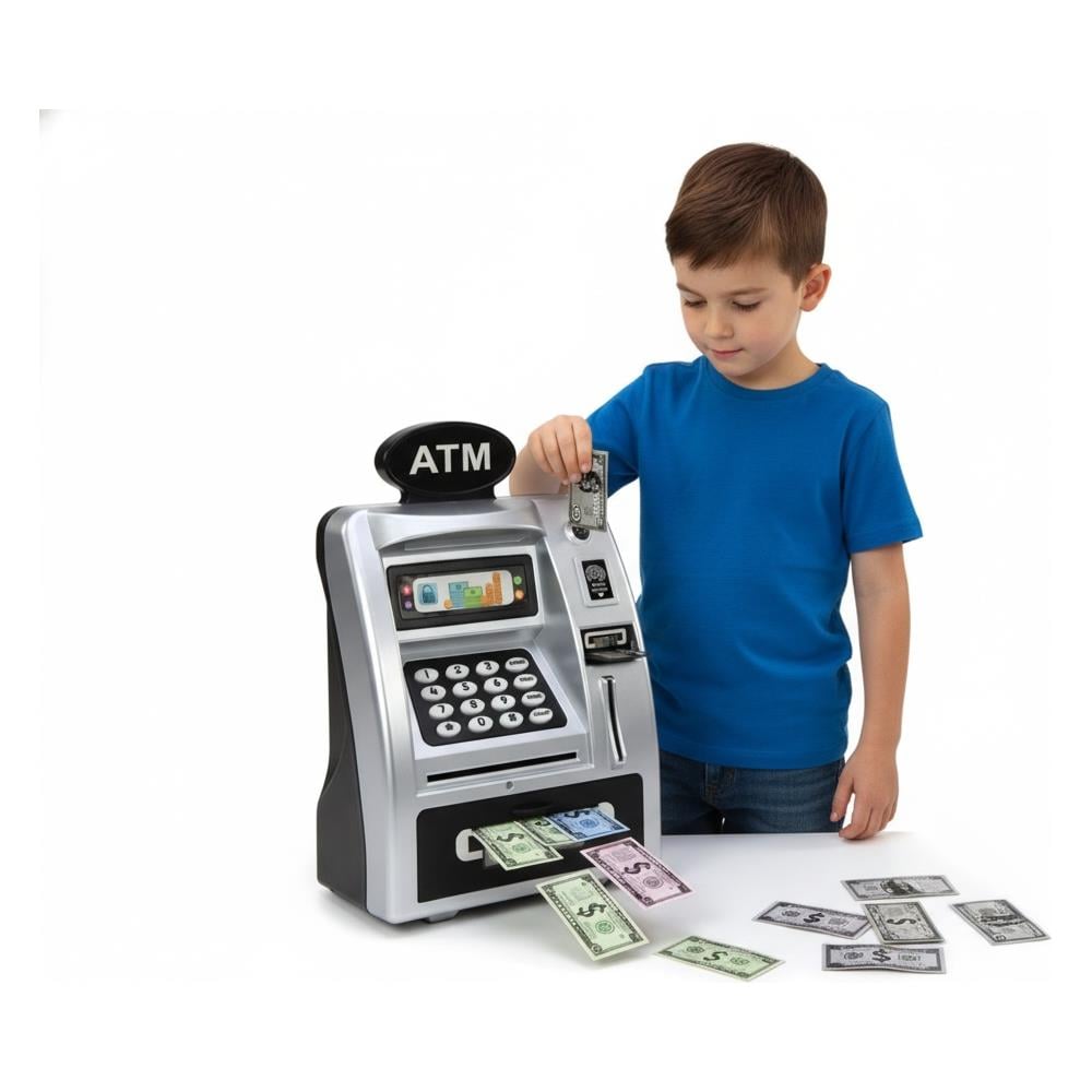 Salvadanaio ATM cassaforte interattiva pin banconote argento e nero - Foto 1