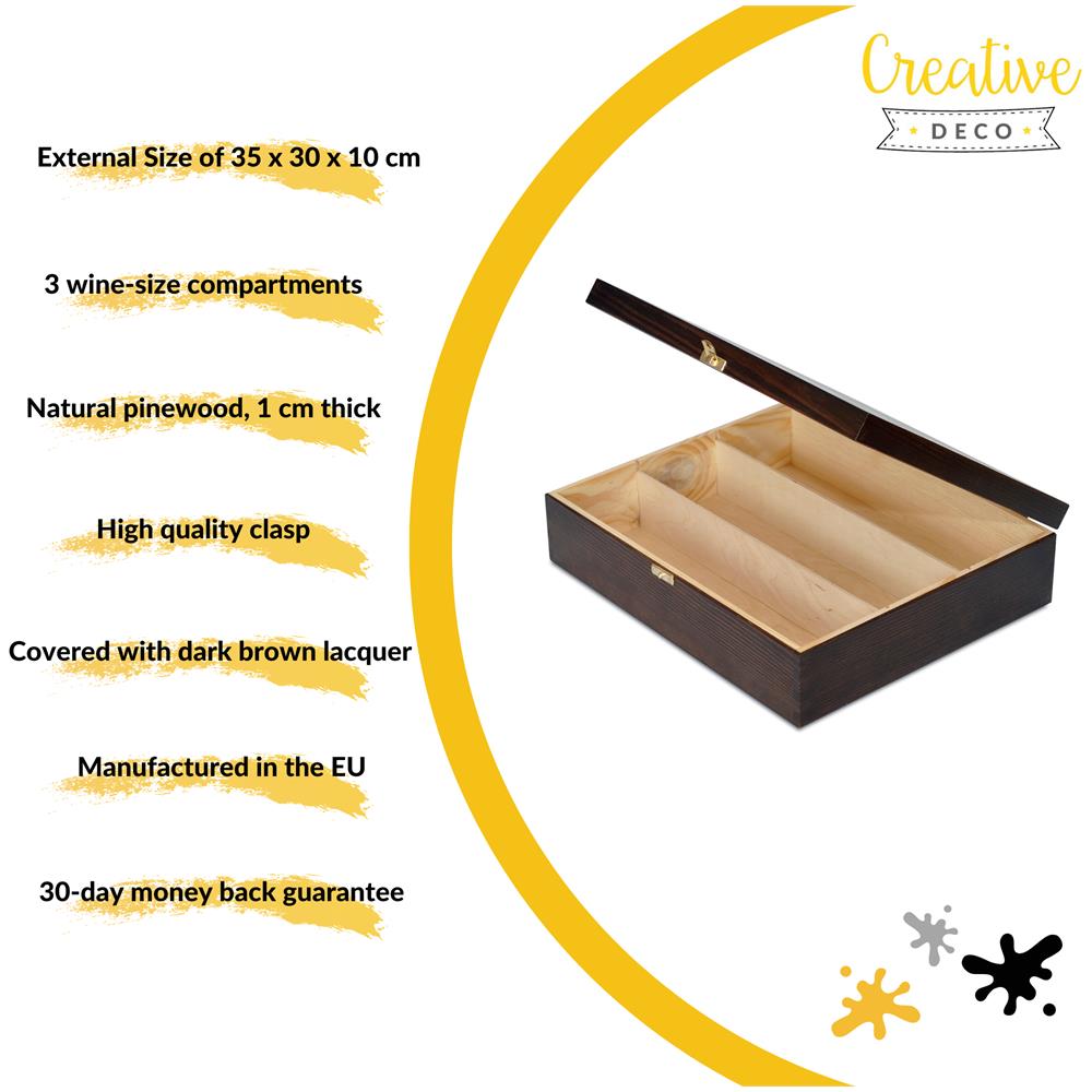 Marrone Scatola In Legno Vino | 3 Bottiglie | 35 X 30 X 10 Cm | Divisori Rimovibili | Coperchio E Serratura | Cassetta Confezione Perfetta Per Decoupage Stoccaggio Decorazione, Regalo - Foto 2