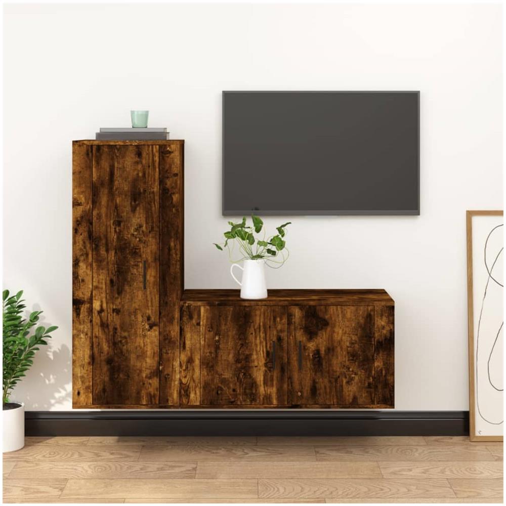 Set Mobili Porta Tv 2 Pz Rovere Fumo In Legno Multistrato - Foto 1