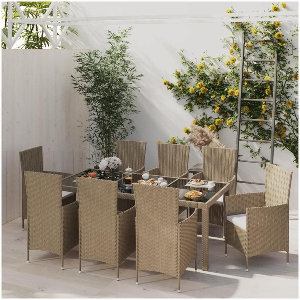 Set Mobili Da Pranzo Da Giardino 9pz E Cuscini Polyrattan Beige - Foto 1