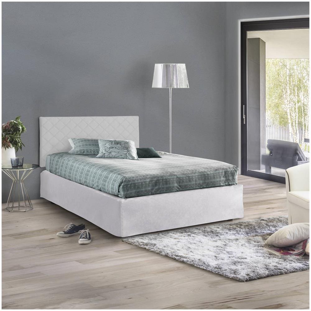 Letto Piazza E Mezza Cleide, Set Testata In Ecopelle Con Rete Ortopedica E Mantovana, 100% Made In Italy, Con Materasso Incluso, Cm 120x190, Bianco - Foto 1