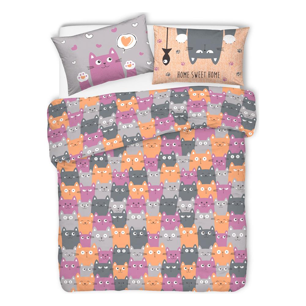 Copripiumino Sacco Piumone Pensieri Delicati Cotone Disegno Happy Cat Matrimoniale Arancio - Foto 1