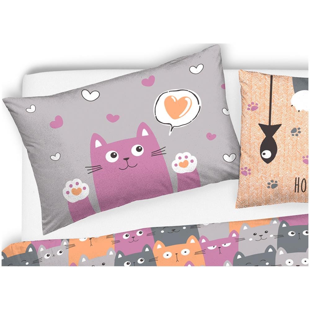 Copripiumino Sacco Piumone Pensieri Delicati Cotone Disegno Happy Cat Matrimoniale Arancio - Foto 5