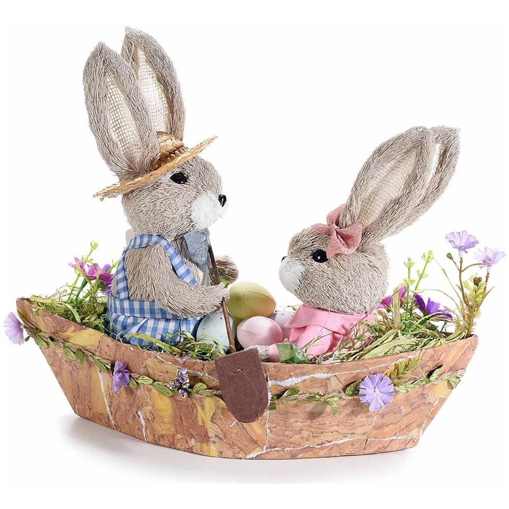 Centrotavola Pasquale A Forma Di Barca Con Coniglietti Decorazione Artigianale In Fibra Naturale - Foto 1