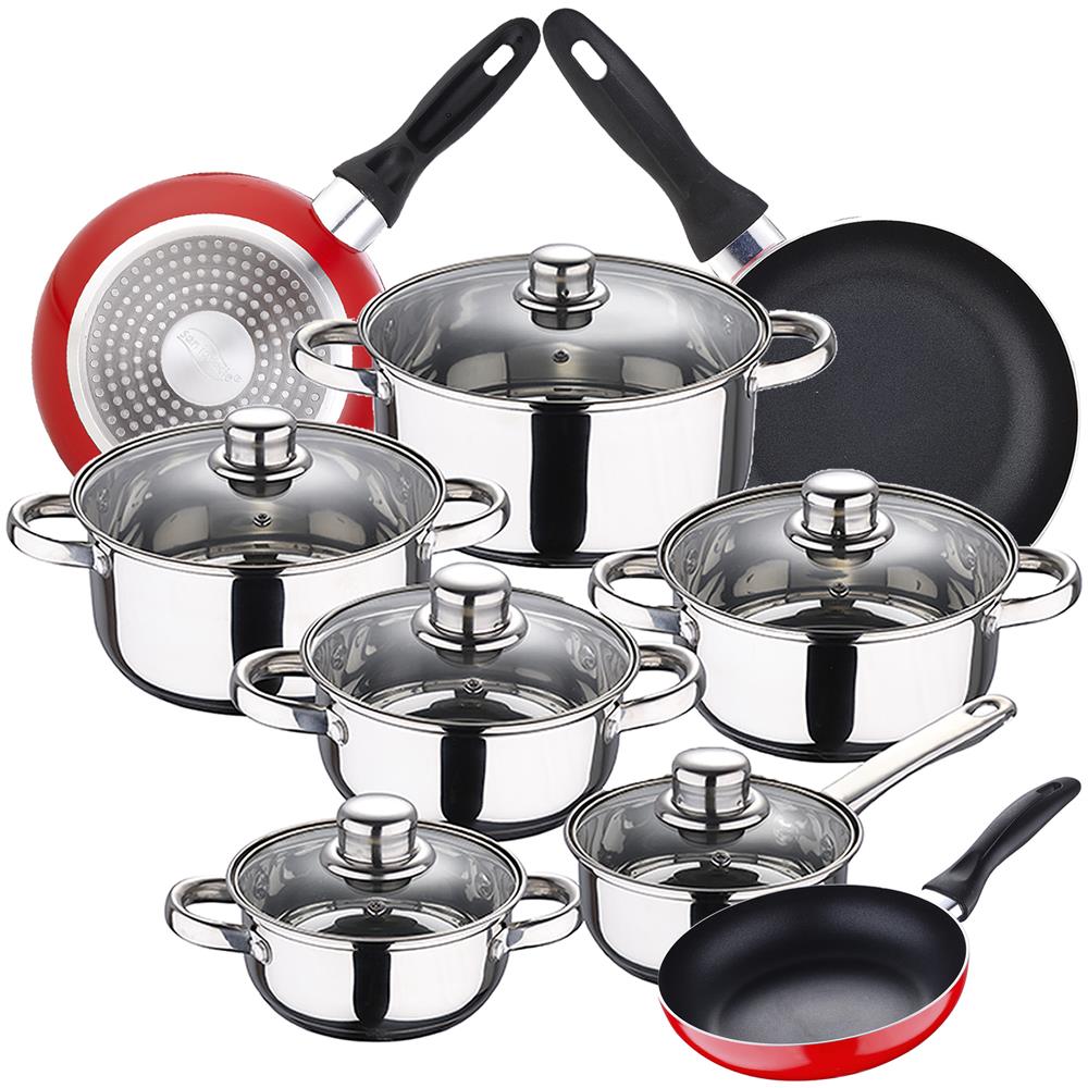 Set 12 Pezzi Cassel In Acciaio Inox Con Padella (16/20/24 Cm) Navy Red In Alluminio Stampato - Foto 1