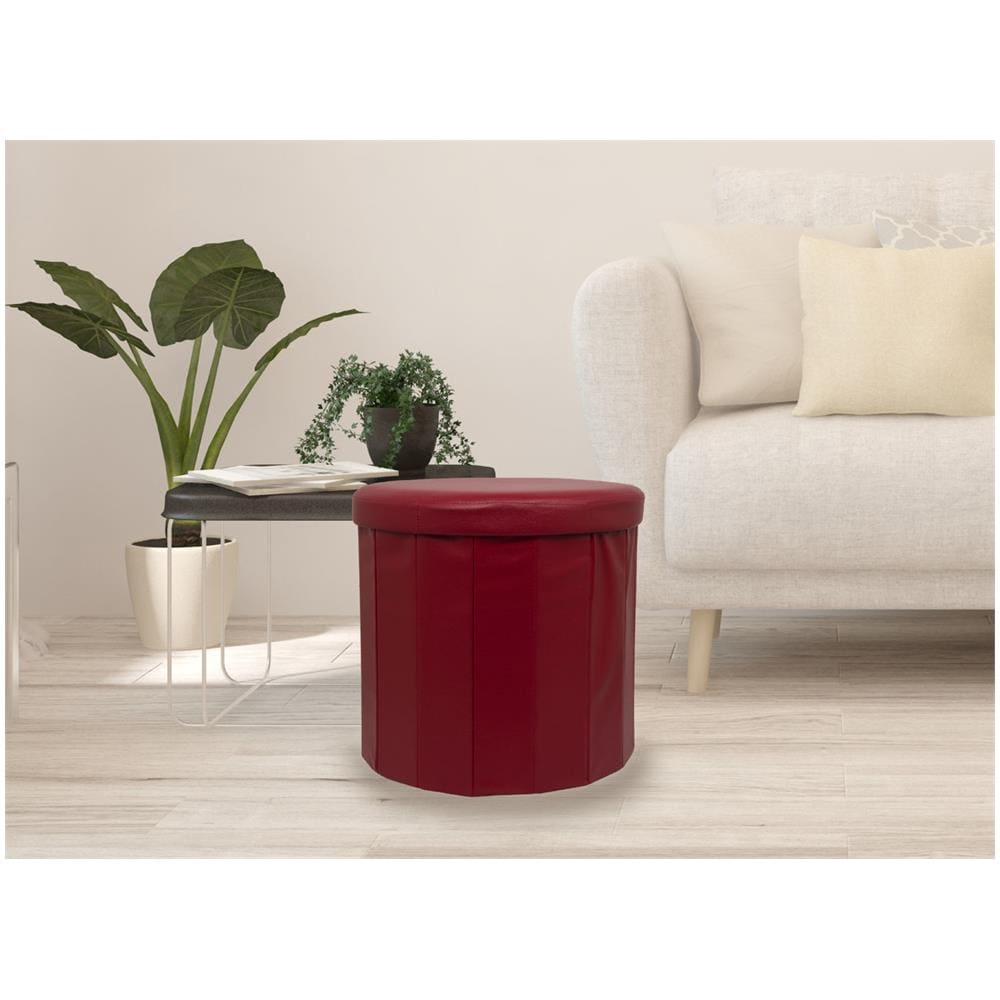 Pouf Salotto Contenitore Ecopelle Rotondo Pieghevole Tinta Unita Pouf Bordeaux - Foto 2