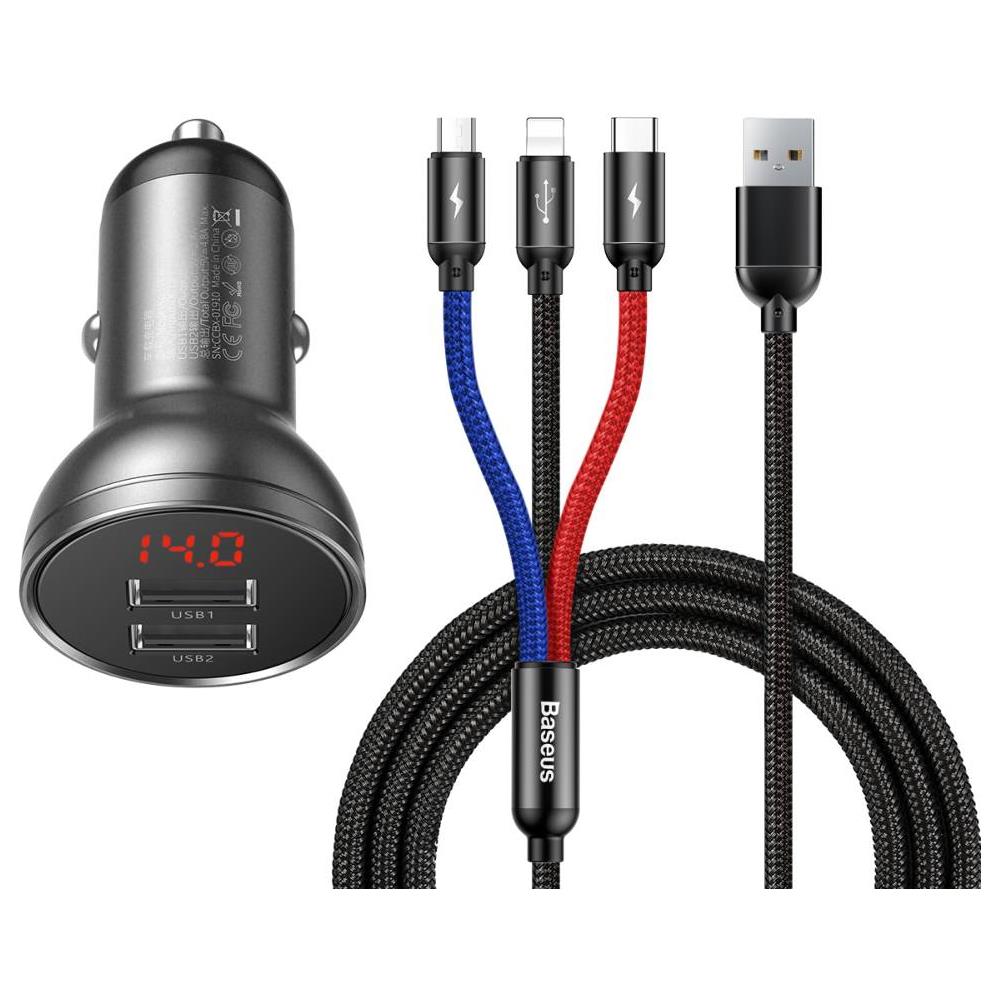 Indicatore Livello Di Carica Digital Car 2xusb Con 3-in-1 Cavo Da 1,2 M, 24w 4.8a, Nero / Grigio (tzccbx-0g) - Foto 2