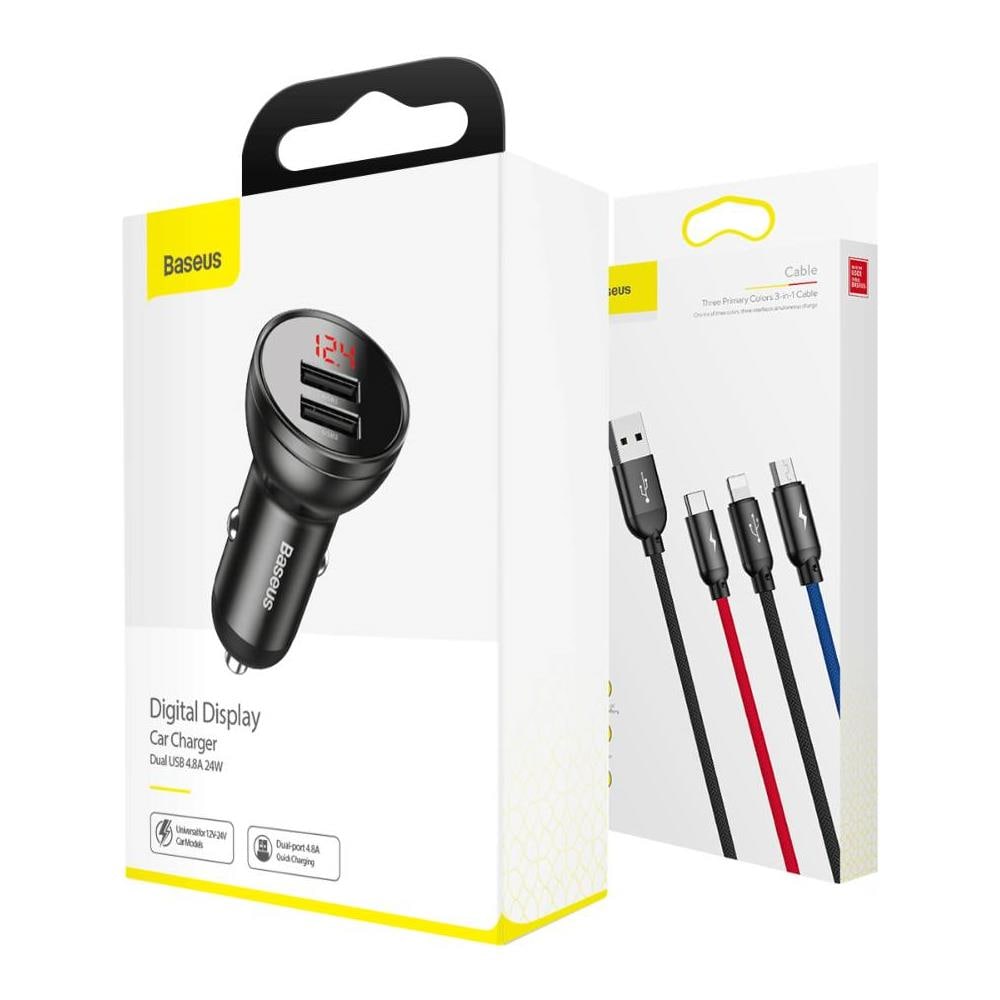 Indicatore Livello Di Carica Digital Car 2xusb Con 3-in-1 Cavo Da 1,2 M, 24w 4.8a, Nero / Grigio (tzccbx-0g) - Foto 1
