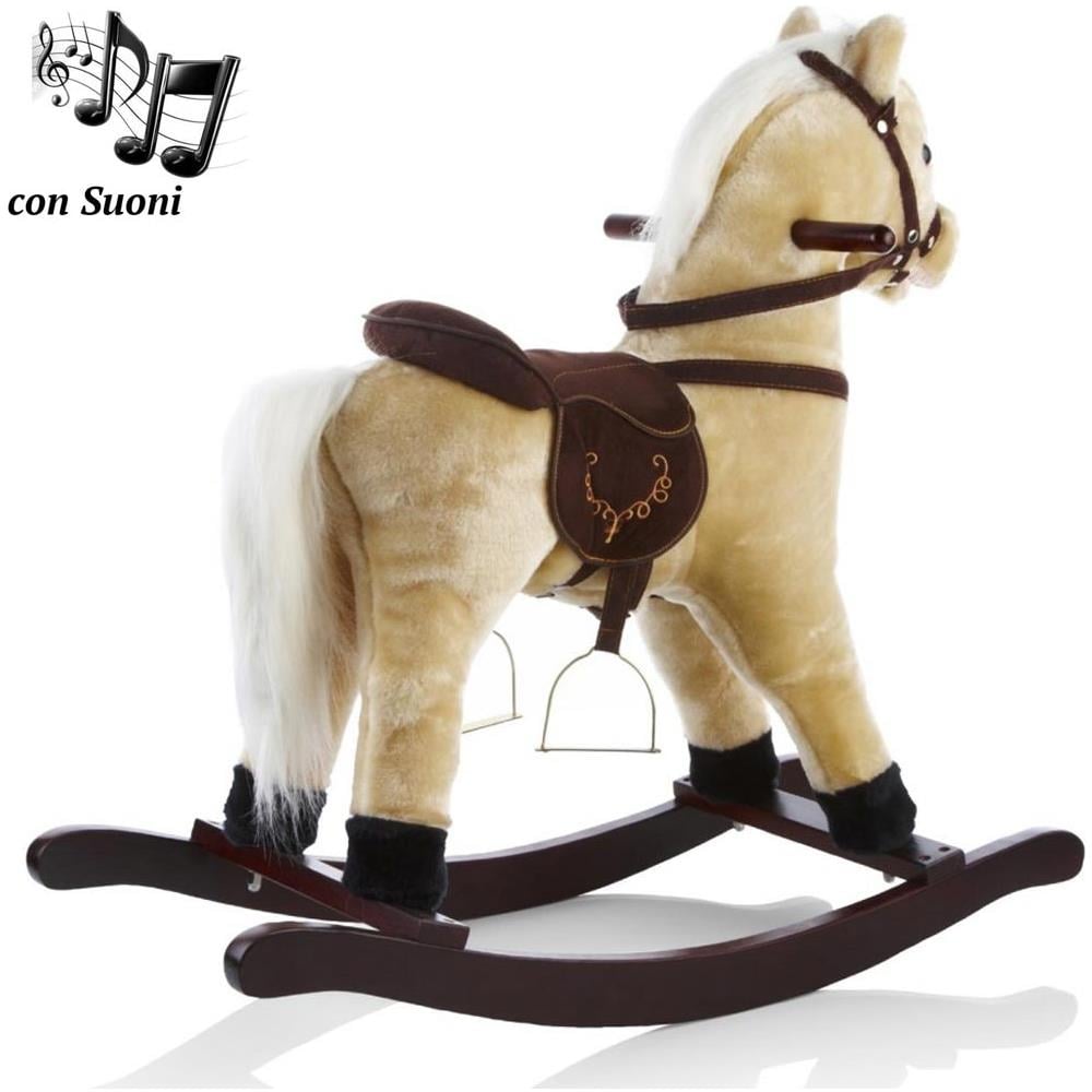 Cavallo A Dondolo Beige Con Suoni Realistici Legno E Peluche Bambini Infanzia - Foto 3