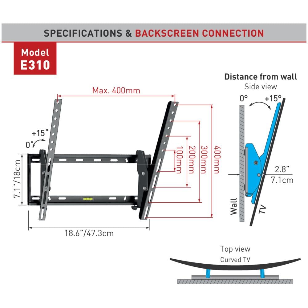 Barkan Supporto Da Parete Tv Piatto / curvo E310+ Supporto Da Parete, Inclinazione, 29-65 "", Peso Massimo (capacità) 50 Kg, Nero - Foto 20