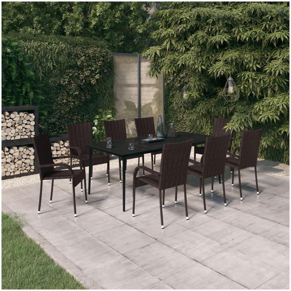 Set Da Pranzo Per Giardino 9 Pz Con Cuscini Marrone E Nero - Foto 1