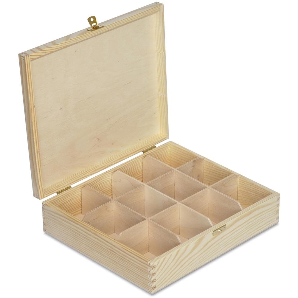 Scatola Porta Tè E Tisane In Legno | 12 Scomparti | 29 X 25 X 7,5 Cm | Tè Bustine | Coperchio | Serratura | Divisori Rimovibili | Perfetta Per Decoupage, Stoccaggio, Regalo, Decorare - Foto 1