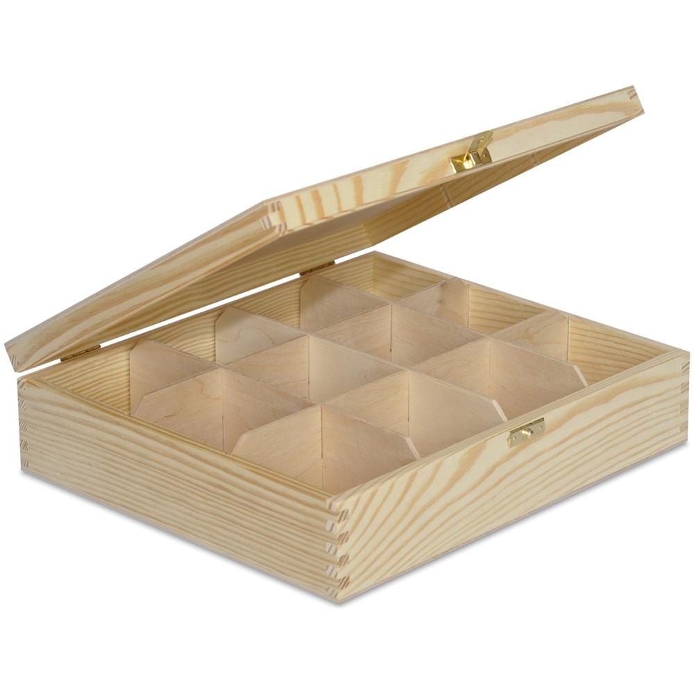 Scatola Porta Tè E Tisane In Legno | 12 Scomparti | 29 X 25 X 7,5 Cm | Tè Bustine | Coperchio | Serratura | Divisori Rimovibili | Perfetta Per Decoupage, Stoccaggio, Regalo, Decorare - Foto 2