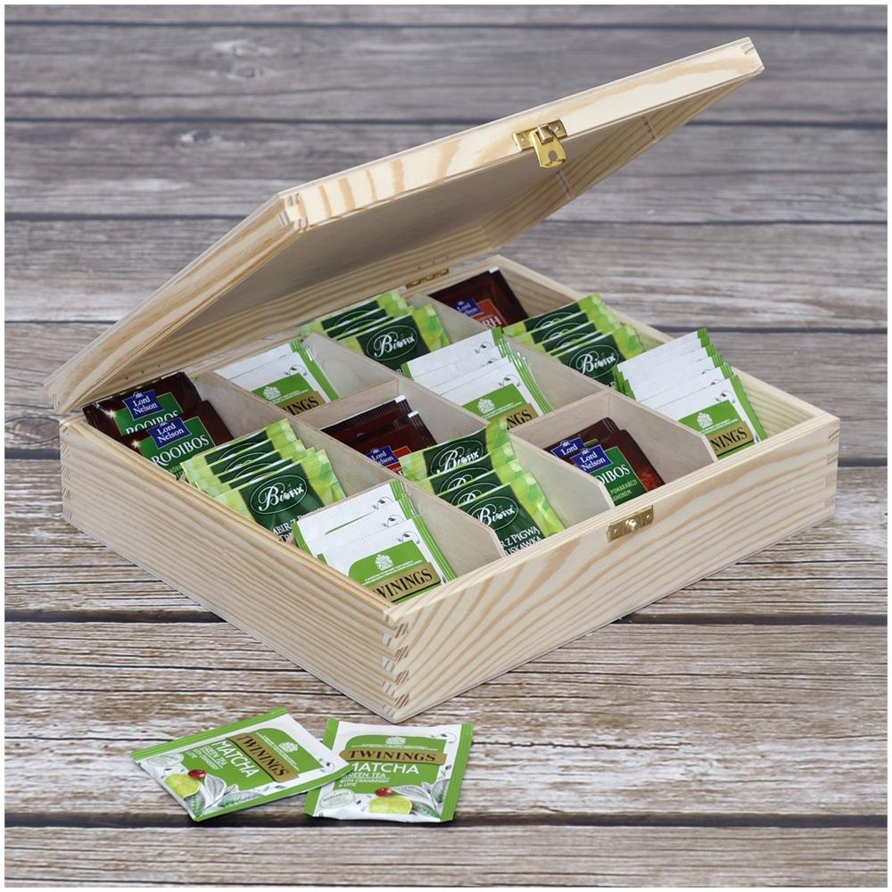 Scatola Porta Tè E Tisane In Legno | 12 Scomparti | 29 X 25 X 7,5 Cm | Tè Bustine | Coperchio | Serratura | Divisori Rimovibili | Perfetta Per Decoupage, Stoccaggio, Regalo, Decorare - Foto 5