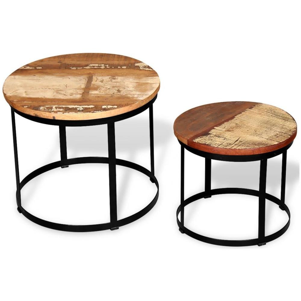2 Pz Tavoli Da Caffè Tondi Legno Massello Di Recupero 40cm / 50cm - Foto 2