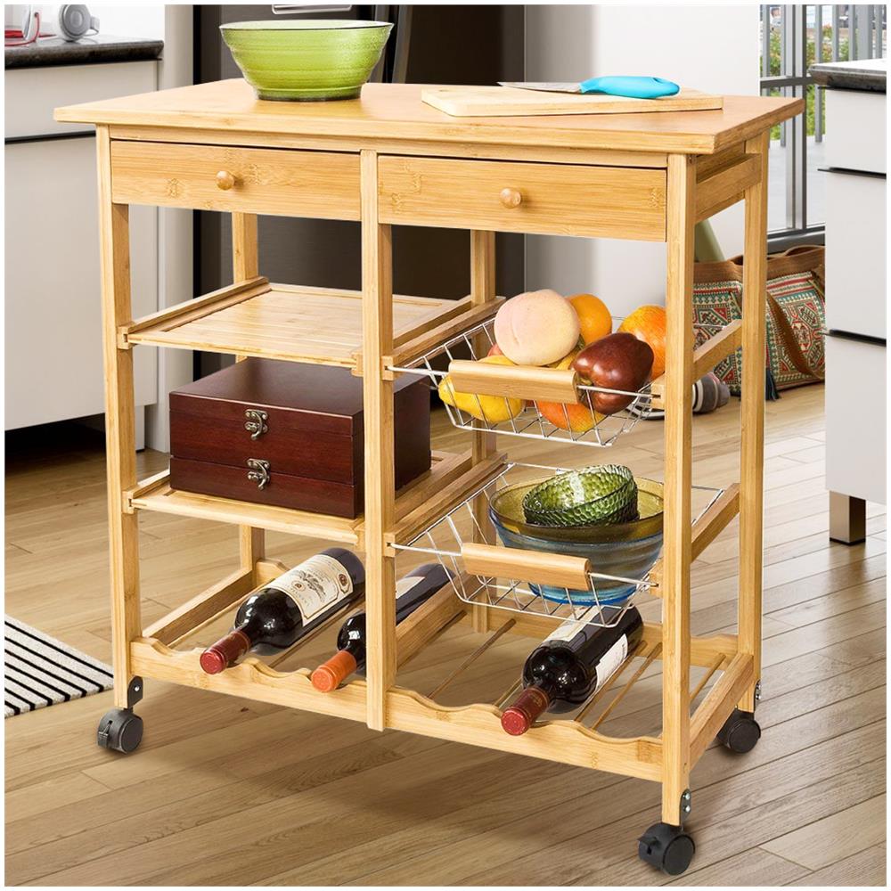 Carrello Cucina Legno Bambu 2 Cassetti Portaposate Portabottiglie 4 Scomparti - Foto 2