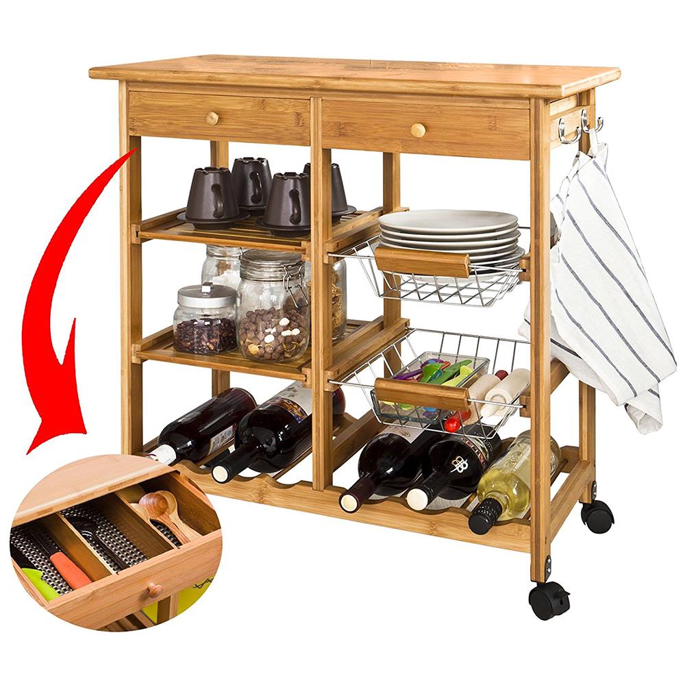 Carrello Cucina Legno Bambu 2 Cassetti Portaposate Portabottiglie 4 Scomparti - Foto 1