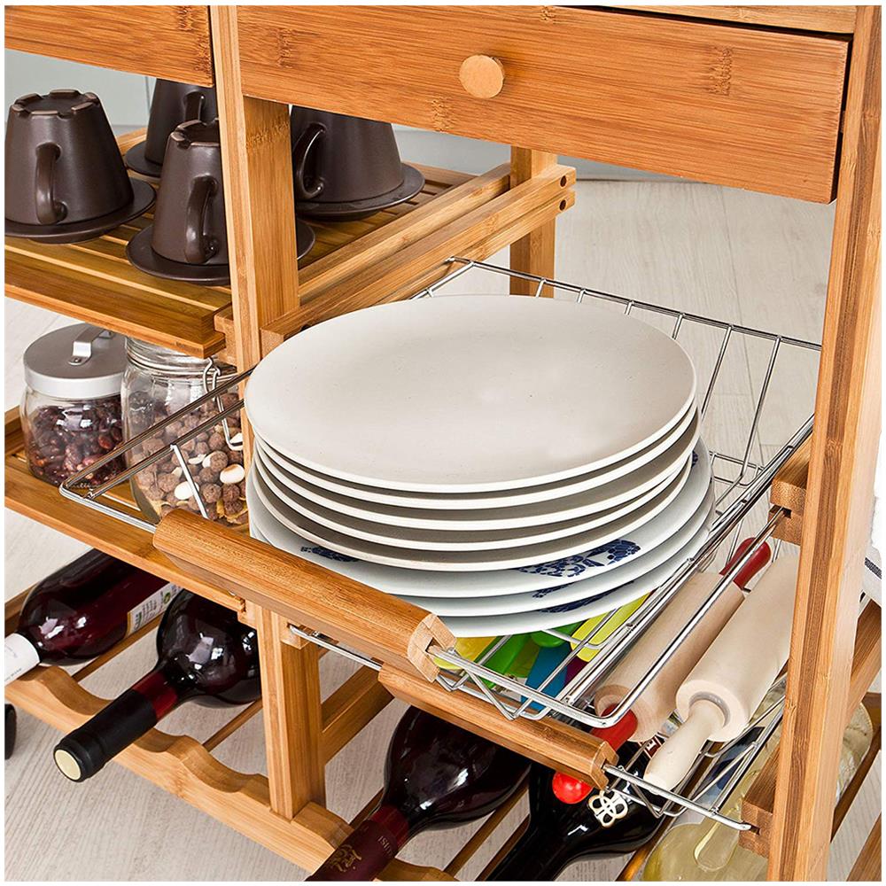 Carrello Cucina Legno Bambu 2 Cassetti Portaposate Portabottiglie 4 Scomparti - Foto 3