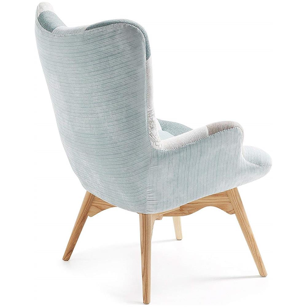 Poltroncina Imbottita In Tessuto Patchwork Azzurro Con Gambe In Faggio - Foto 5