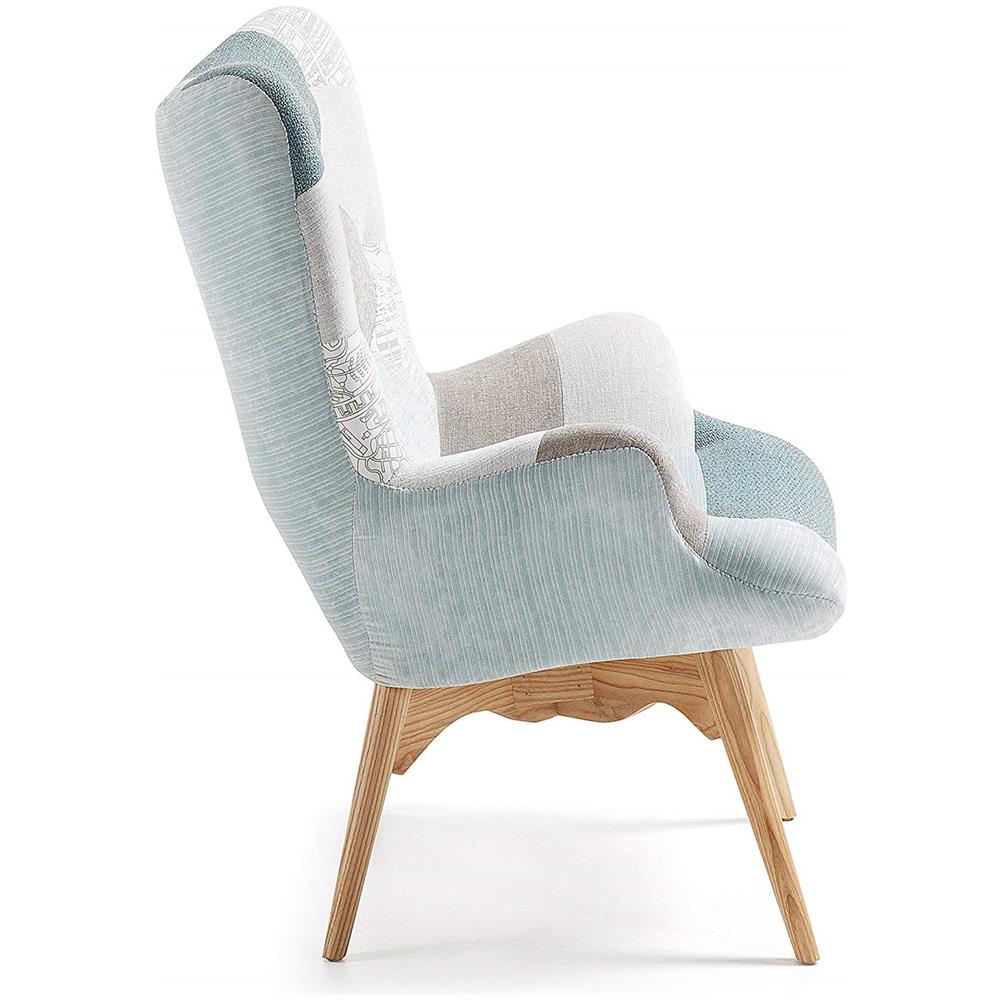 Poltroncina Imbottita In Tessuto Patchwork Azzurro Con Gambe In Faggio - Foto 2