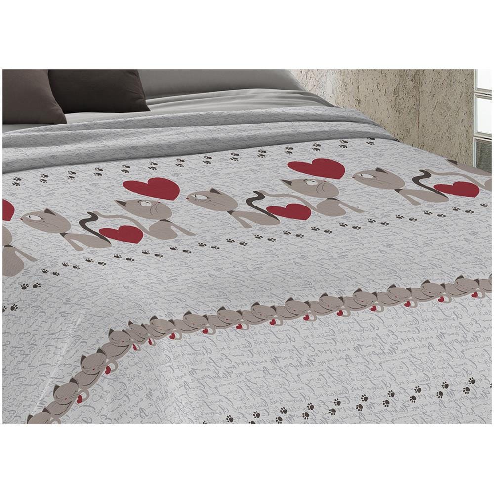Copriletto Piquet Primavera Estate 100% Cotone Disegno Gattini Cuori Matrimoniale Beige - Foto 2