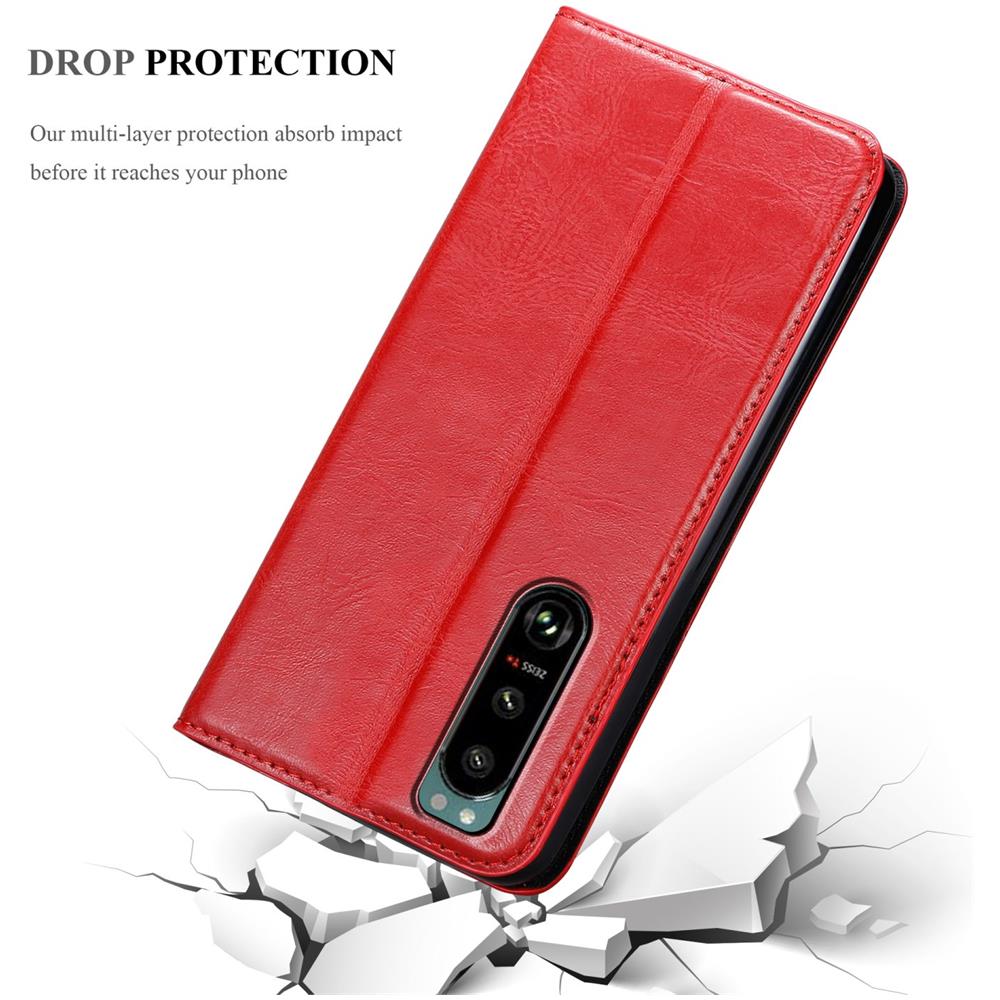 Custodia Compatibile Con Sony Xperia 5 Iii In Rosso Mela - Coperchio Protettiva Con Chiusura Magnetica, Funzione Stand E Tasca Per Le Carte - Foto 8