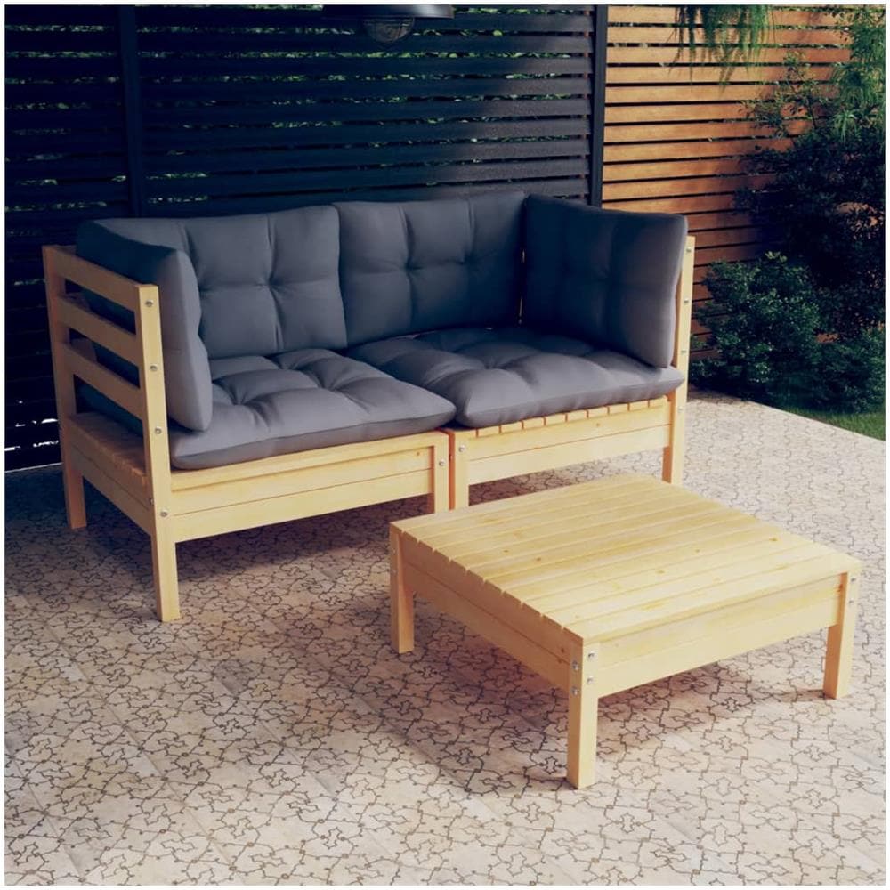 Set Divani Da Giardino 3 Pz Con Cuscini Grigi Massello Di Pino - Foto 1