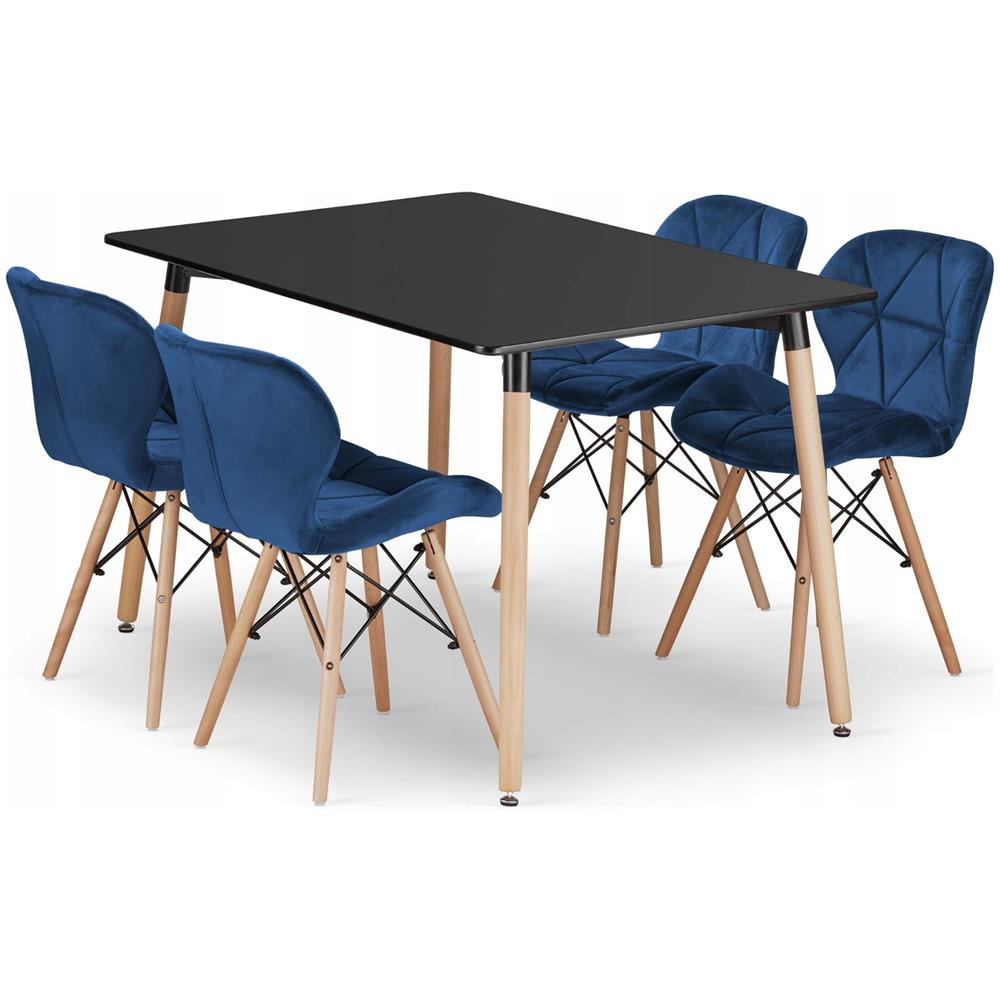 Set tavolo rettangolare VALORA YURO 120x80 nero + 4 sedie WAKO blu navy - Foto 1
