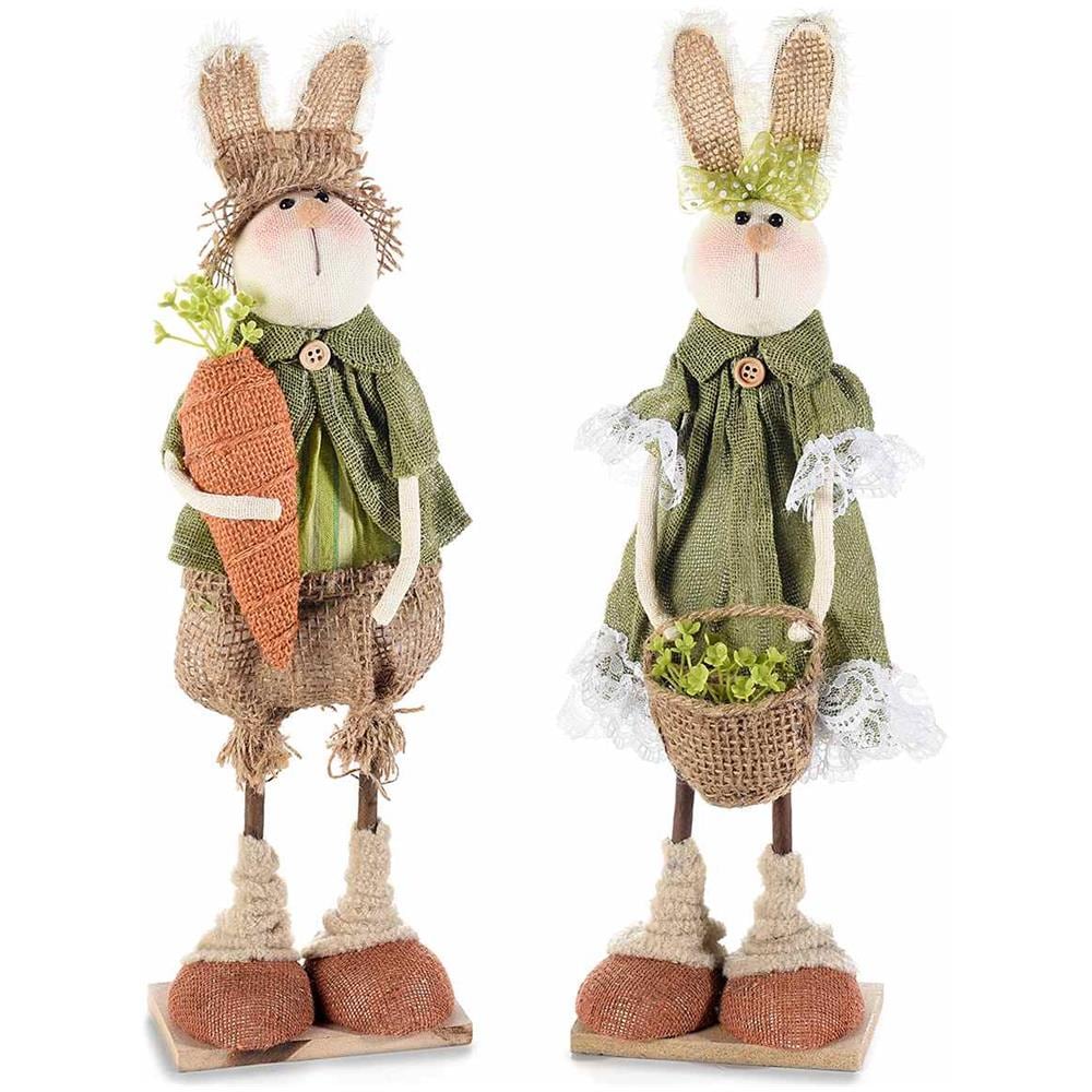 Conigli Pasquali Con Abito In Juta Set Da 2 Decorazioni Artigianali Per Casa E Negozi - Foto 1