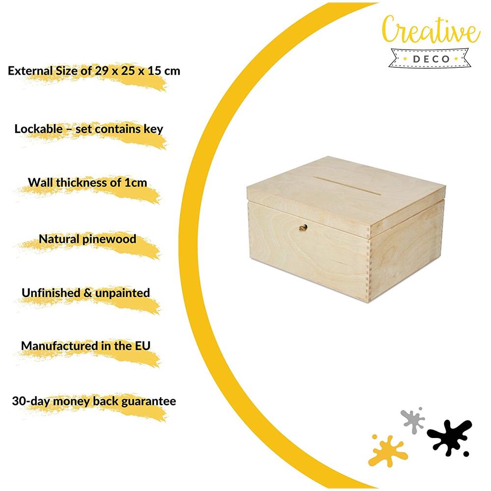 Scatola Porta Buste In Legno, Per Matrimonio | 29 X 25 X 15 Cm | Scatole Con Serratura Chiave Coperchio | Cassetta Conteniore Portaoggetti Portagiochi Cofanetto | Perfetta Per Decoupage - Foto 2