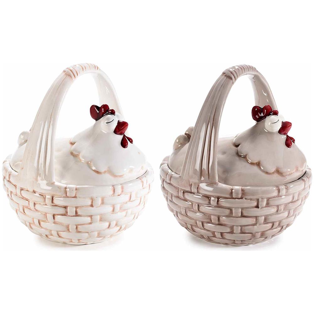 Cestini In Ceramica Dipinta A Mano A Forma Di Gallina Barattoli Per Alimenti Set Da 2 - Foto 1