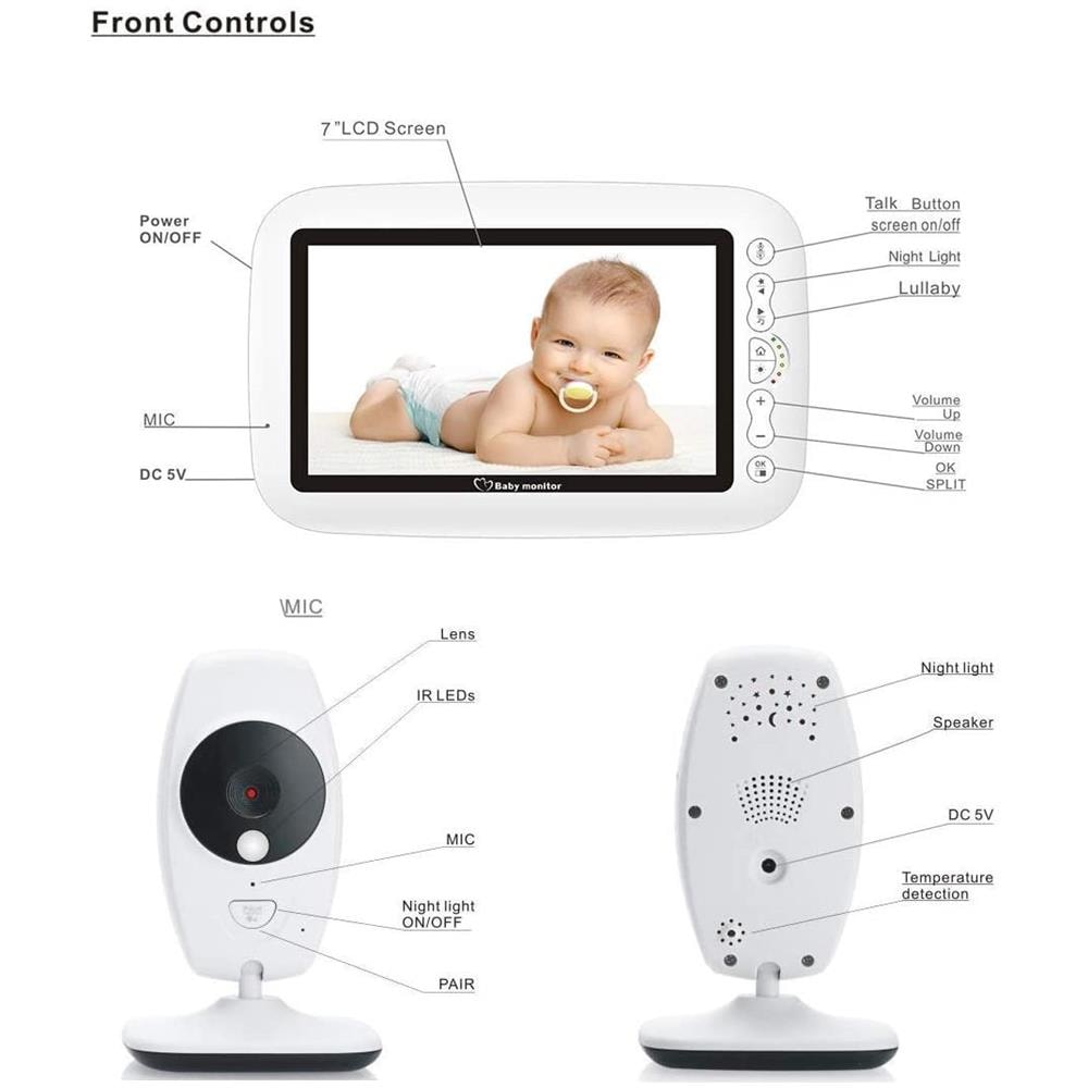 Baby Monitor, 2 Fotocamera + 7 Pollici Senza Fili Del Bambino Monitor 720p Hd Dello Schermo Della Macchina Fotografica Di Visione Notturna Citofono Ninna Nanna Nanny Baby Monitor Video Supporta Schermo Interruttore - Foto 2