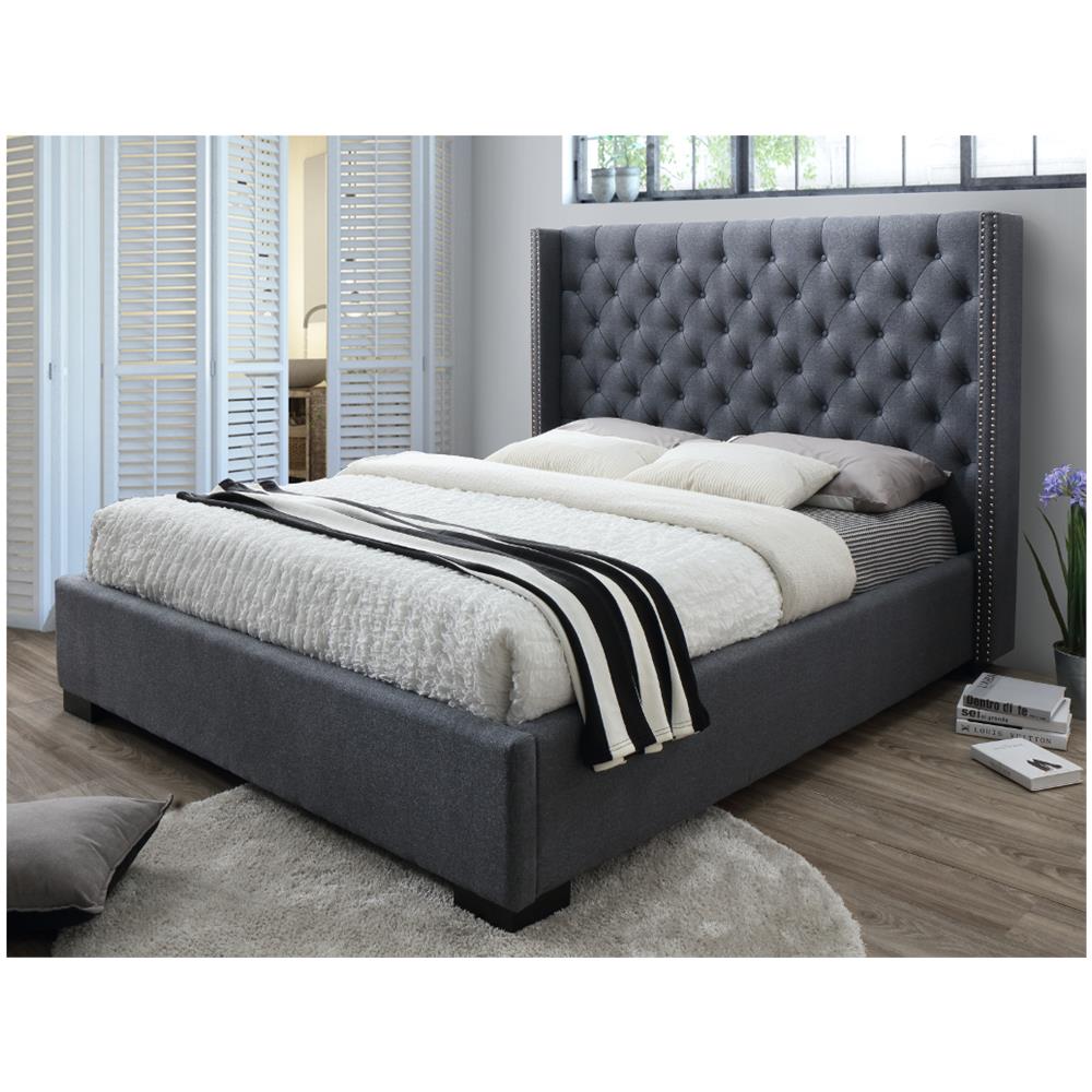 Letto Matrimoniale Imbottito Con Contenitore E Luci LED - 180x200 Cm, Testata Tufted In Cotone Grigio, Struttura In Acciaio, Multifunzione