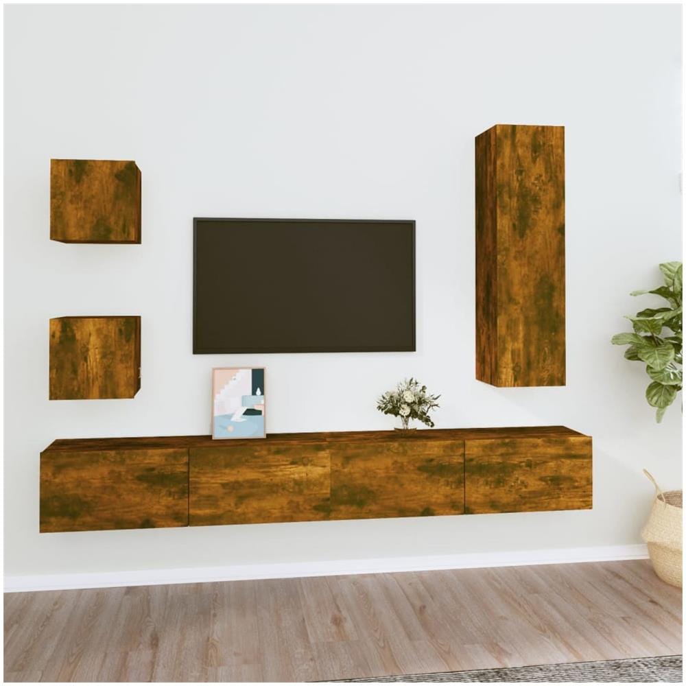 Set Di Mobili Porta Tv 5 Pz Rovere Fumo In Legno Multistrato - Foto 1