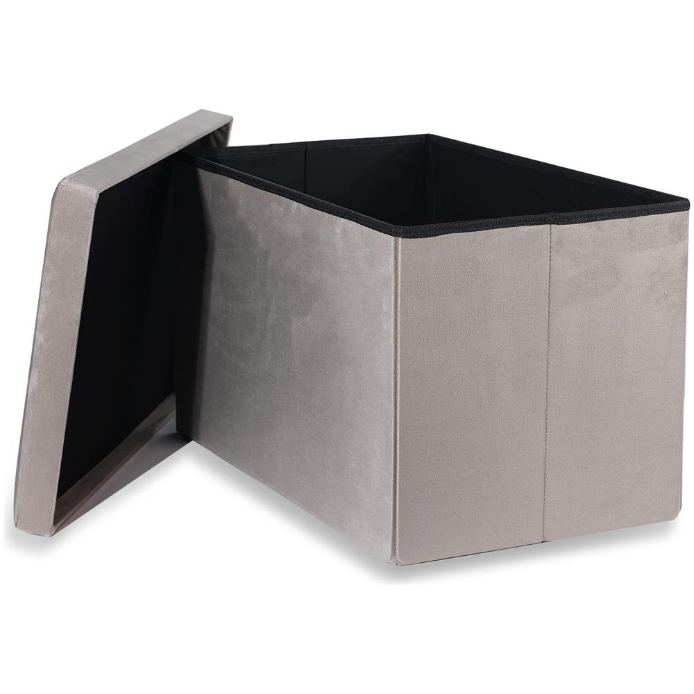 POUF PIEGHEVOLE XL Seduta Contenitore in Velluto Grigio-Beige - Foto 2