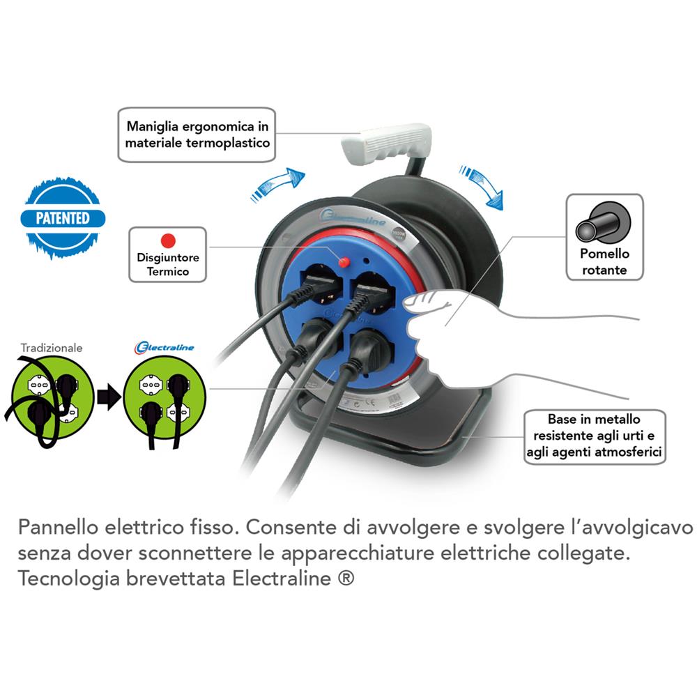 49031 Avvolgicavo A Tamburo Fisso 25 Mt, 4 Prese Polivalenti (schuko + 10/16a) , Spina 16a, Con Protezione - Sezione Cavo 3g1,5 Mm² - Foto 2
