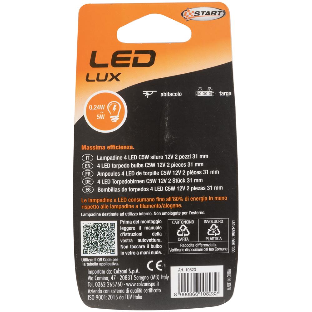 Lampadine Siluro Auto 6 Led 12v 1,5w Due Pezzi 31 Mm - Foto 2