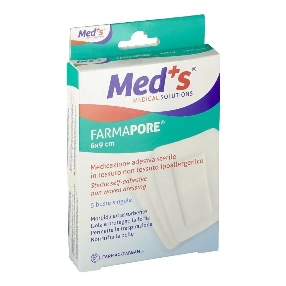 Cerotto Meds Farmapore Sterile con Tampone di Garza Centrale e Bordi Adesivi 6X9 cm 5 Pezzi - Foto 1