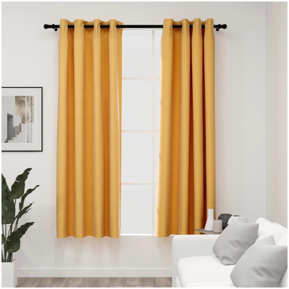 Tende Oscuranti Effetto Lino Con Occhielli 2pz Gialle 140x175cm - Foto 1