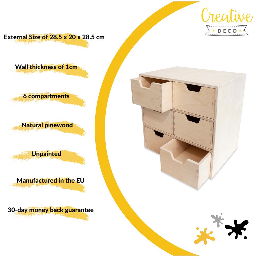 Mini Cassettiera In Legno | 6 Cassetti | 28,5 X 20 X 28,5 Cm (+ / - 1 Cm) | Scatola Armadio Di Stoccaggio | Compensato Non Verniciato | Perfetto Per Conservare, Decoupage E Decorazioni - Foto 2