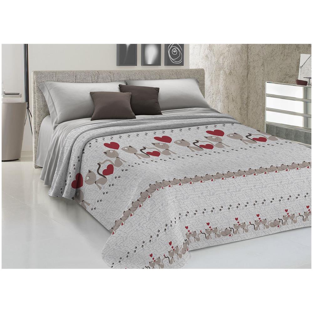 Copriletto Piquet Primavera Estate 100% Cotone Disegno Gattini Cuori Singolo Beige - Foto 1