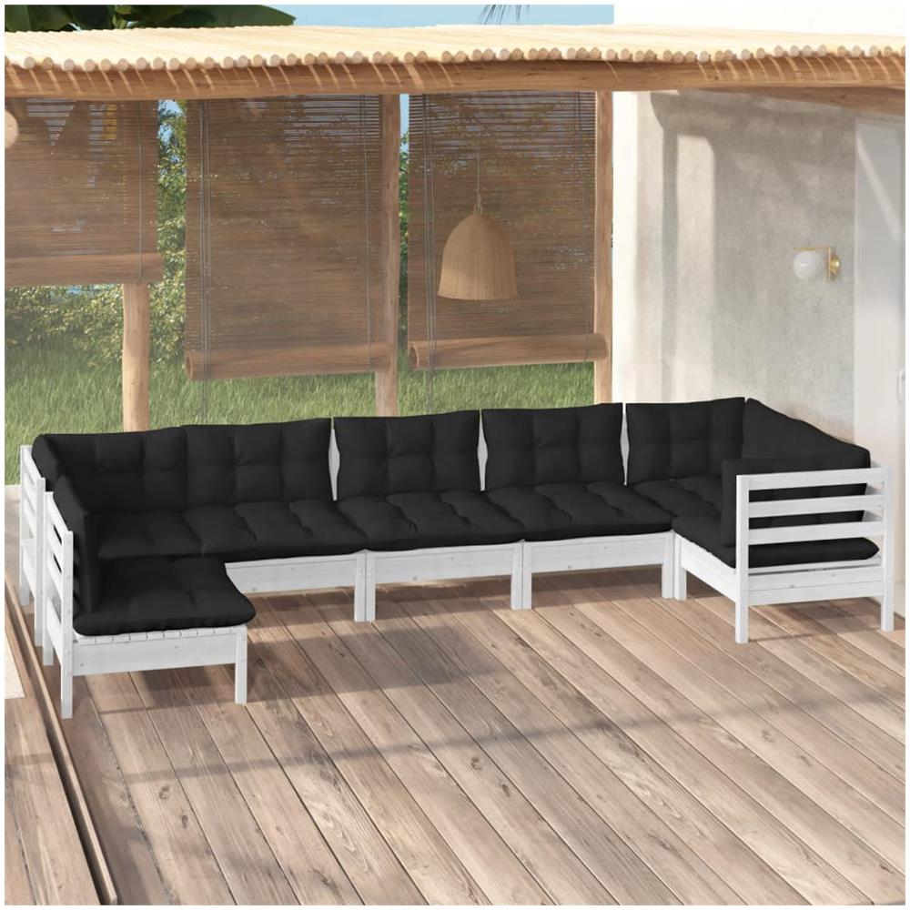 Set Divani Da Giardino 7 Pz Con Cuscini Bianchi Legno Di Pino - Foto 1