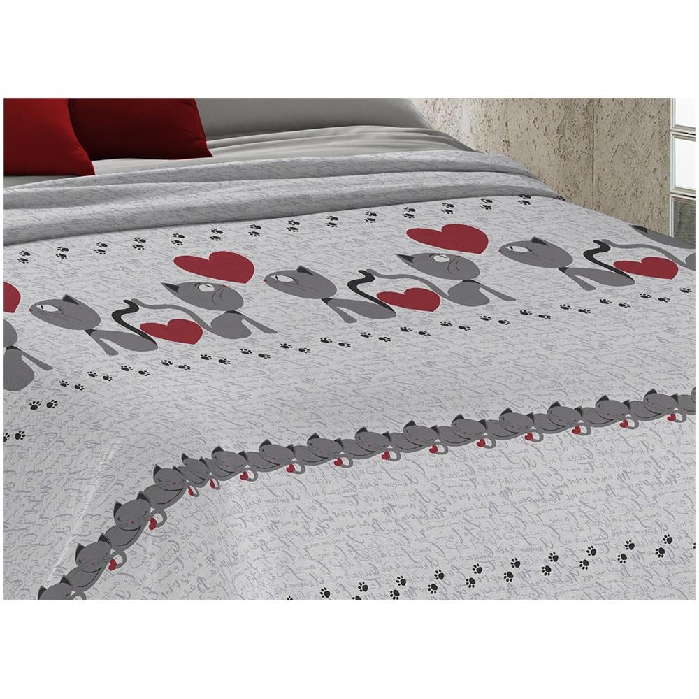 Copriletto Piquet Primavera Estate 100% Cotone Disegno Gattini Cuori Singolo Grigio - Foto 5