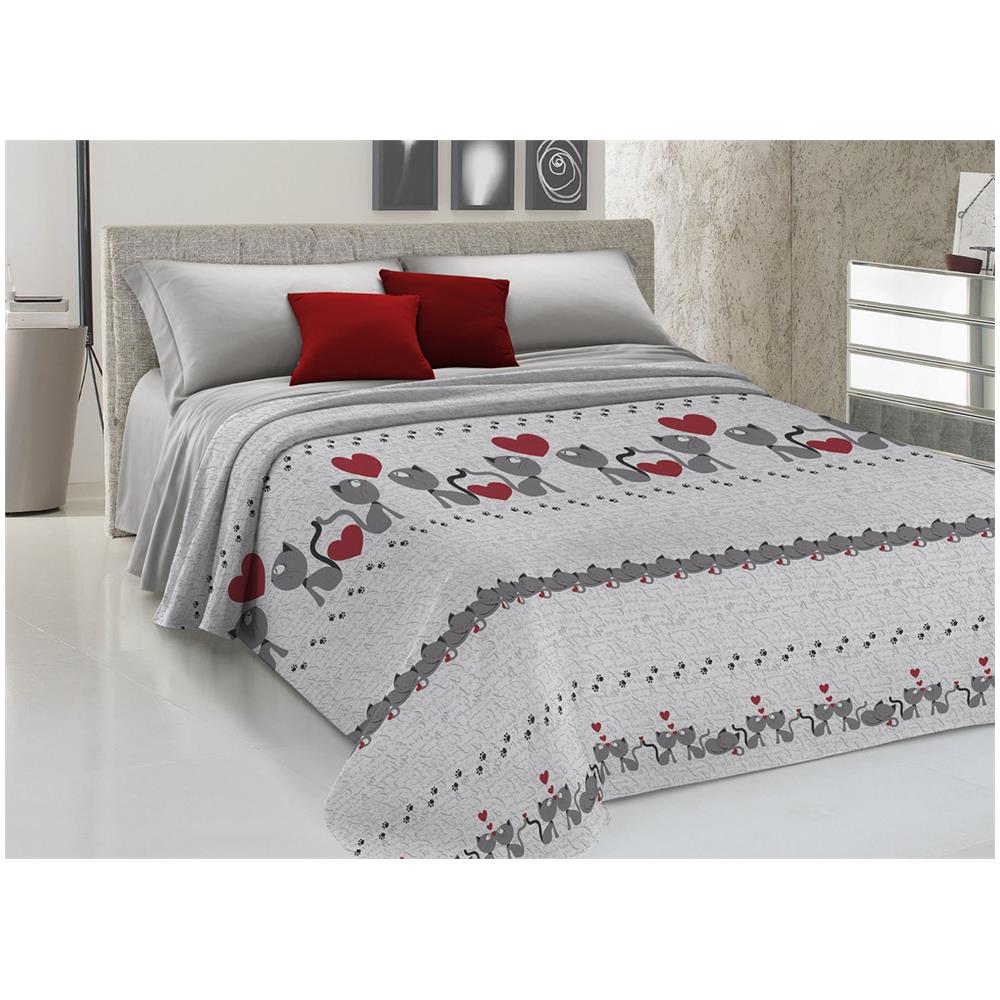 Copriletto Piquet Primavera Estate 100% Cotone Disegno Gattini Cuori Singolo Grigio - Foto 1